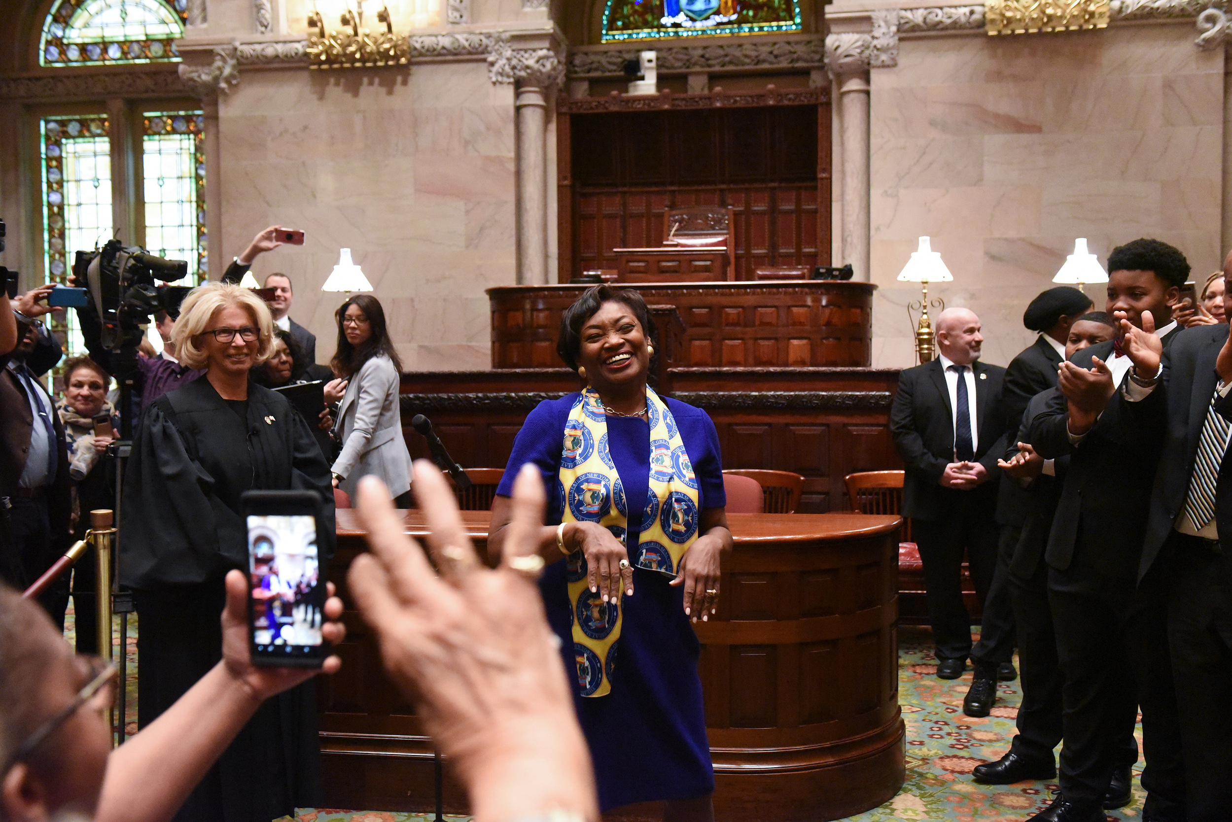Andrea Stewart-Cousins reacts during her swearing in as a Senator in the Senate Chamber in Albany, NY, U.S., on January 9, 2019. (Stephanie Keith for The New York Times)